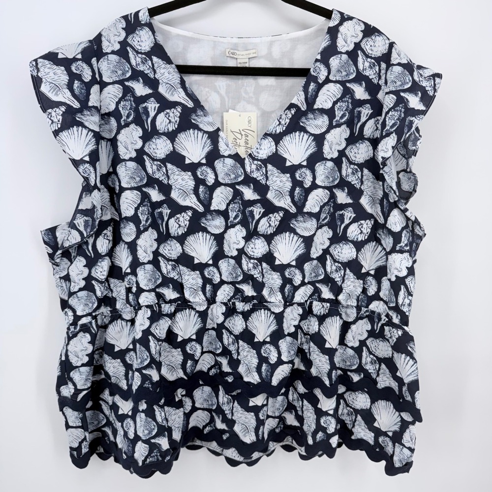 Cato Cotton Peplum Top Womens 26/28W 4X Navy Seashell New Ruffle Scallop Coastal